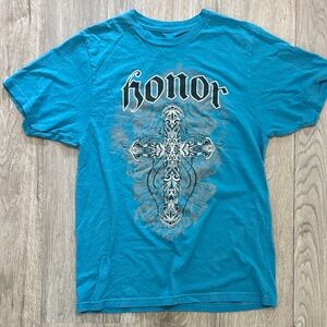 Honora Teal Graphic Tee with Cross Design